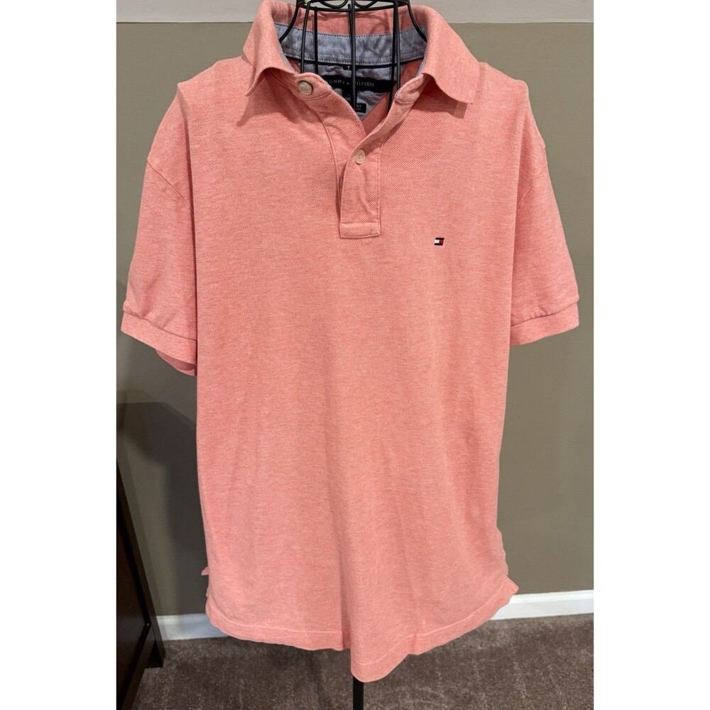 Tommy Hilfiger Mens Salmon Pink Short Sleeve Pique Polo Shirt Crest Logo Large